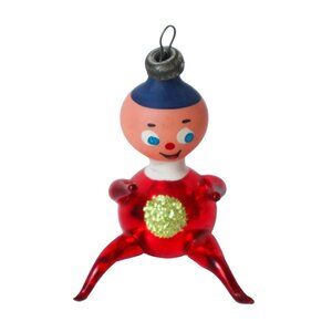 Vintage Mercury Glass Christmas Tree Ornament - Red & Blue Elf Figurine With Gli